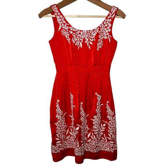 Antonio Melani Embroidered Floral Red Dress Knee Length Size 2 Bright Preppy - Picture 3 of 13